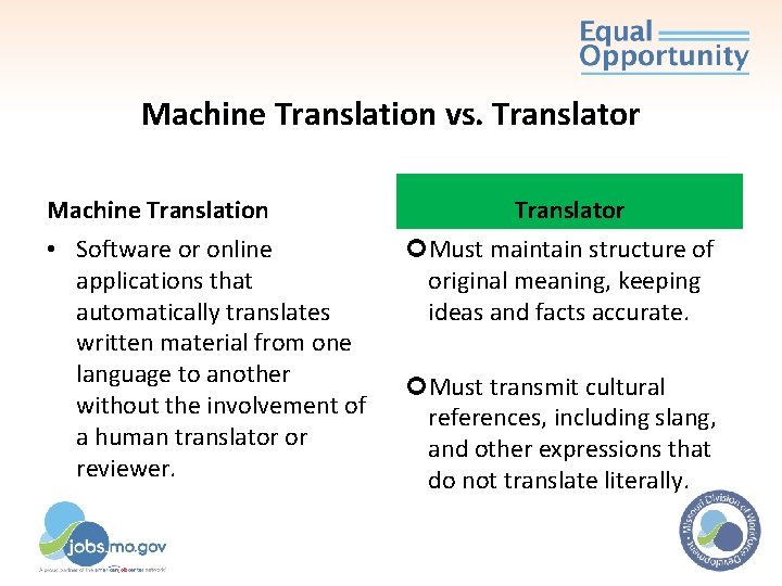 Machine Translation vs. Translator Machine Translation • Software or online applications that automatically translates Machine Translation vs. Translator Machine Translation • Software or online applications that automatically translates