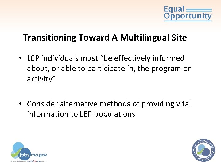 Transitioning Toward A Multilingual Site • LEP individuals must “be effectively informed about, or Transitioning Toward A Multilingual Site • LEP individuals must “be effectively informed about, or