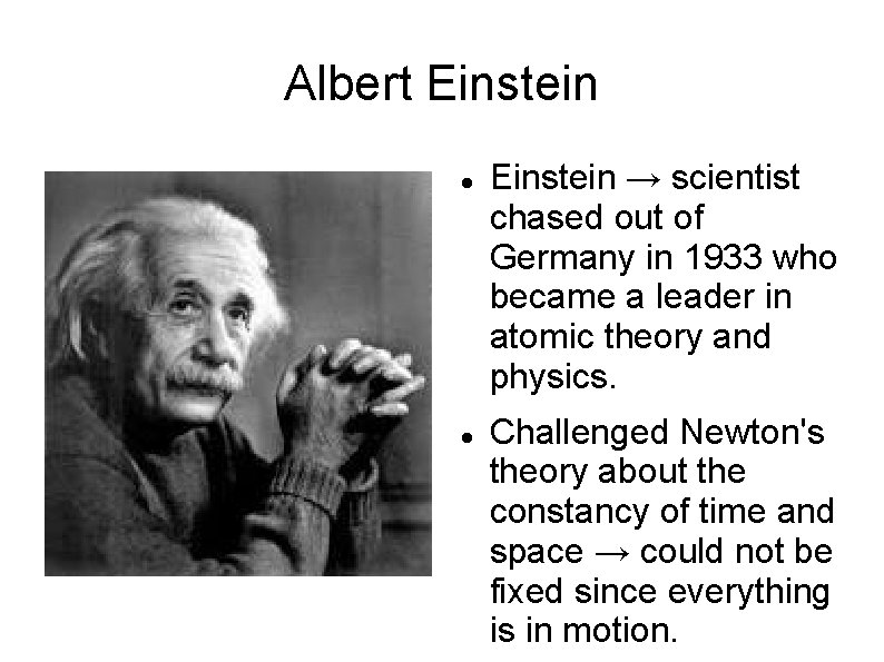 Albert Einstein → scientist chased out of Germany in 1933 who became a leader