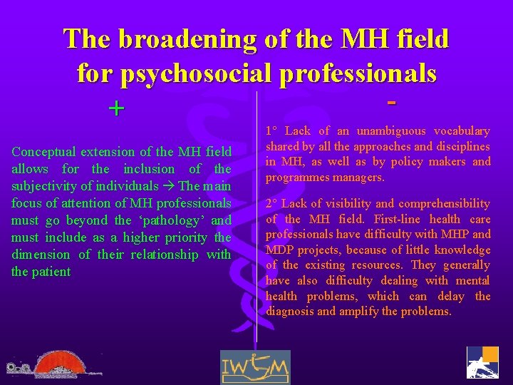 The broadening of the MH field for psychosocial professionals + Conceptual extension of the
