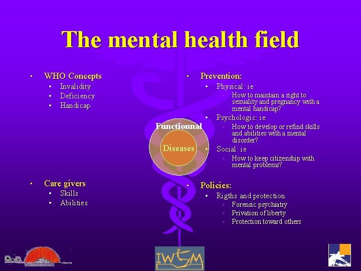 The mental health field • WHO Concepts • Prevention: • Invalidity • Deficiency •