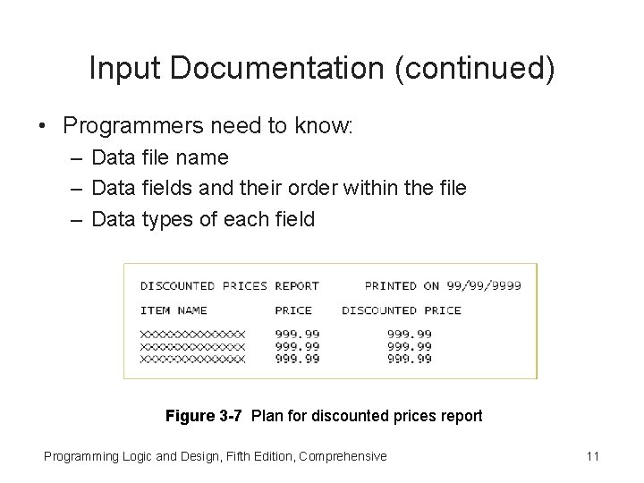 Input Documentation (continued) • Programmers need to know: – Data file name – Data