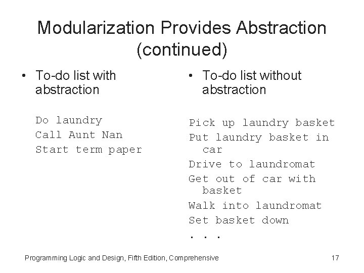 Modularization Provides Abstraction (continued) • To-do list with abstraction Do laundry Call Aunt Nan