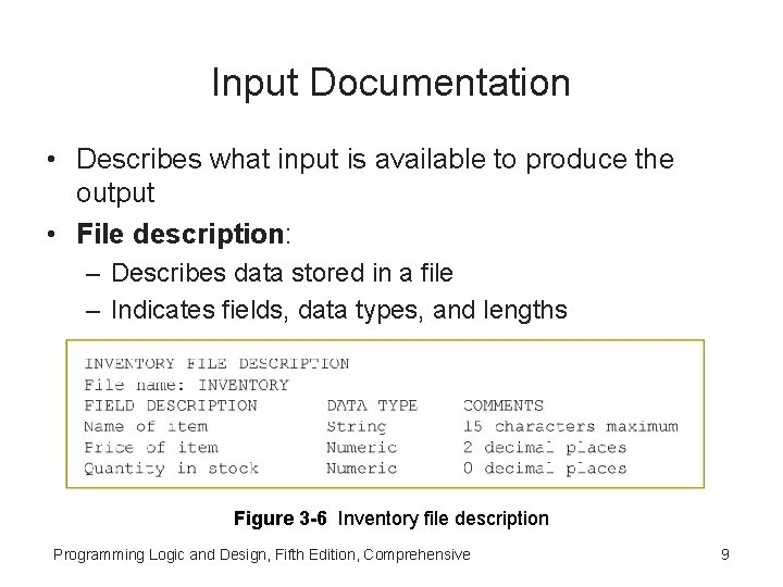 Input Documentation • Describes what input is available to produce the output • File