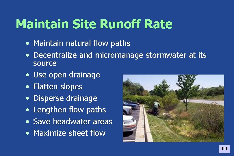 Maintain Site Runoff Rate • Maintain natural flow paths • Decentralize and micromanage stormwater