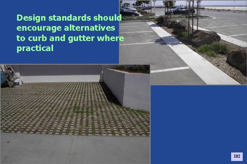 Design standards should encourage alternatives to curb and gutter where practical 102 