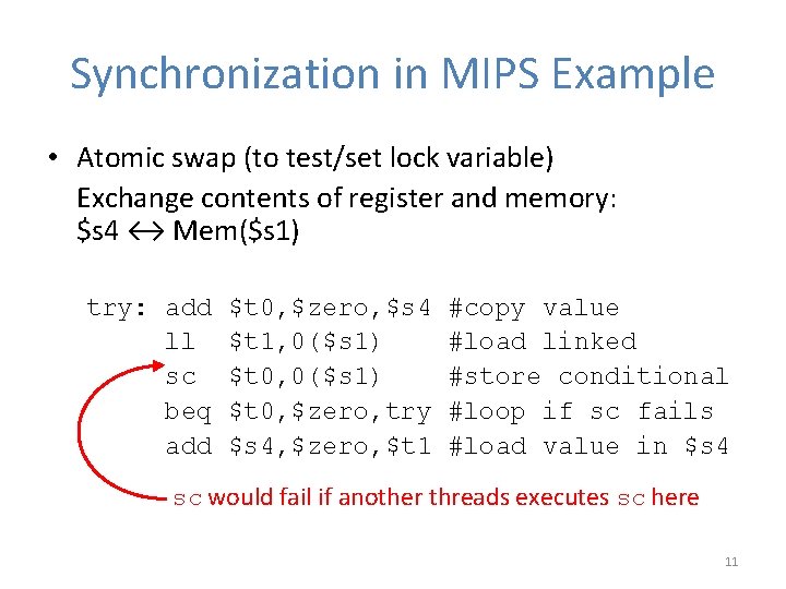 Synchronization in MIPS Example • Atomic swap (to test/set lock variable) Exchange contents of