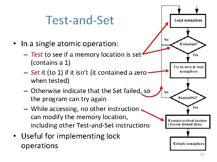 Test-and-Set • In a single atomic operation: – Test to see if a memory