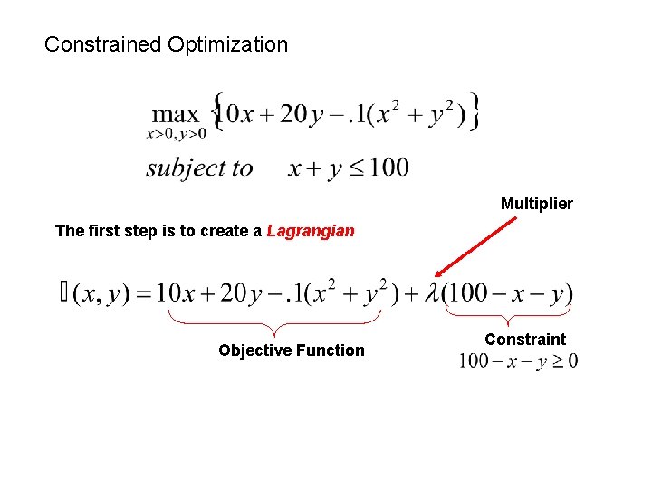 Constrained Optimization Multiplier The first step is to create a Lagrangian Objective Function Constraint