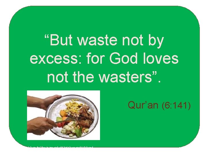 “But waste not by excess: for God loves not the wasters”. Qur’an (6: 141)