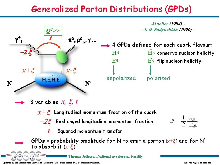 Generalized Parton Distributions (GPDs) Q 2>> t g*L -Mueller (1994) - Ji & Radyushkin