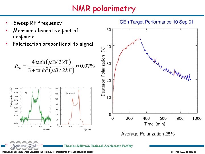 NMR polarimetry • • • Sweep RF frequency Measure absorptive part of response Polarization