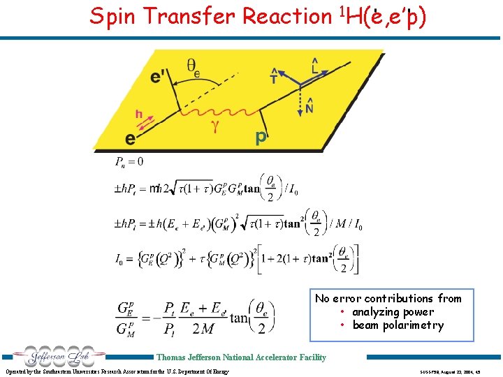 Spin Transfer Reaction 1 H(e, e’p) No error contributions from • analyzing power •