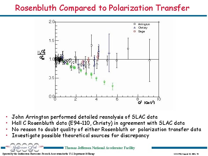 Rosenbluth Compared to Polarization Transfer • • John Arrington performed detailed reanalysis of SLAC