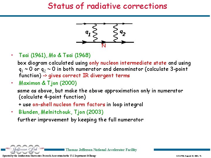 Status of radiative corrections N • Tsai (1961), Mo & Tsai (1968) box diagram