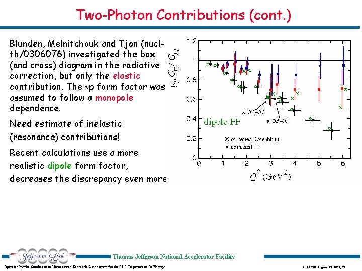 Two-Photon Contributions (cont. ) Blunden, Melnitchouk and Tjon (nuclth/0306076) investigated the box (and cross)