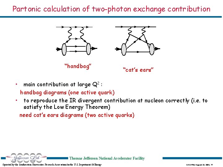 Partonic calculation of two-photon exchange contribution “handbag” “cat’s ears” • main contribution at large