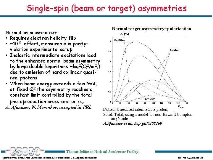 Single-spin (beam or target) asymmetries Normal target asymmetry=polarization Normal beam asymmetry • Requires electron