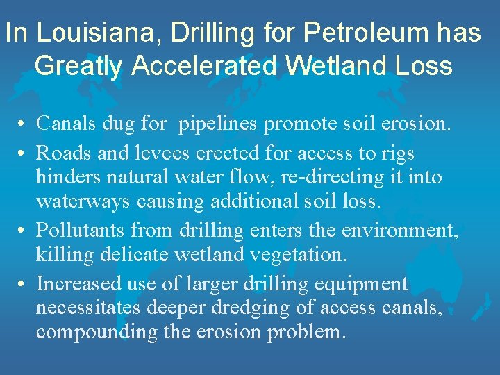 In Louisiana, Drilling for Petroleum has Greatly Accelerated Wetland Loss • Canals dug for
