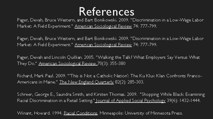 References Pager, Devah, Bruce Western, and Bart Bonikowski. 2009. “Discrimination in a Low-Wage Labor