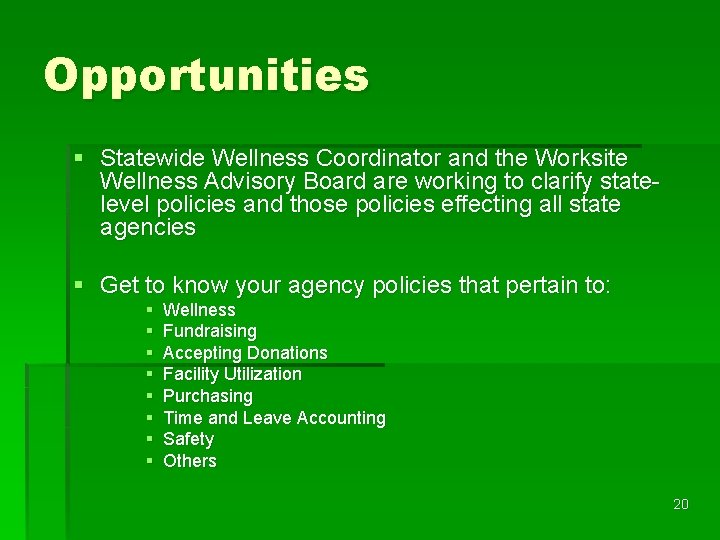 Opportunities § Statewide Wellness Coordinator and the Worksite Wellness Advisory Board are working to