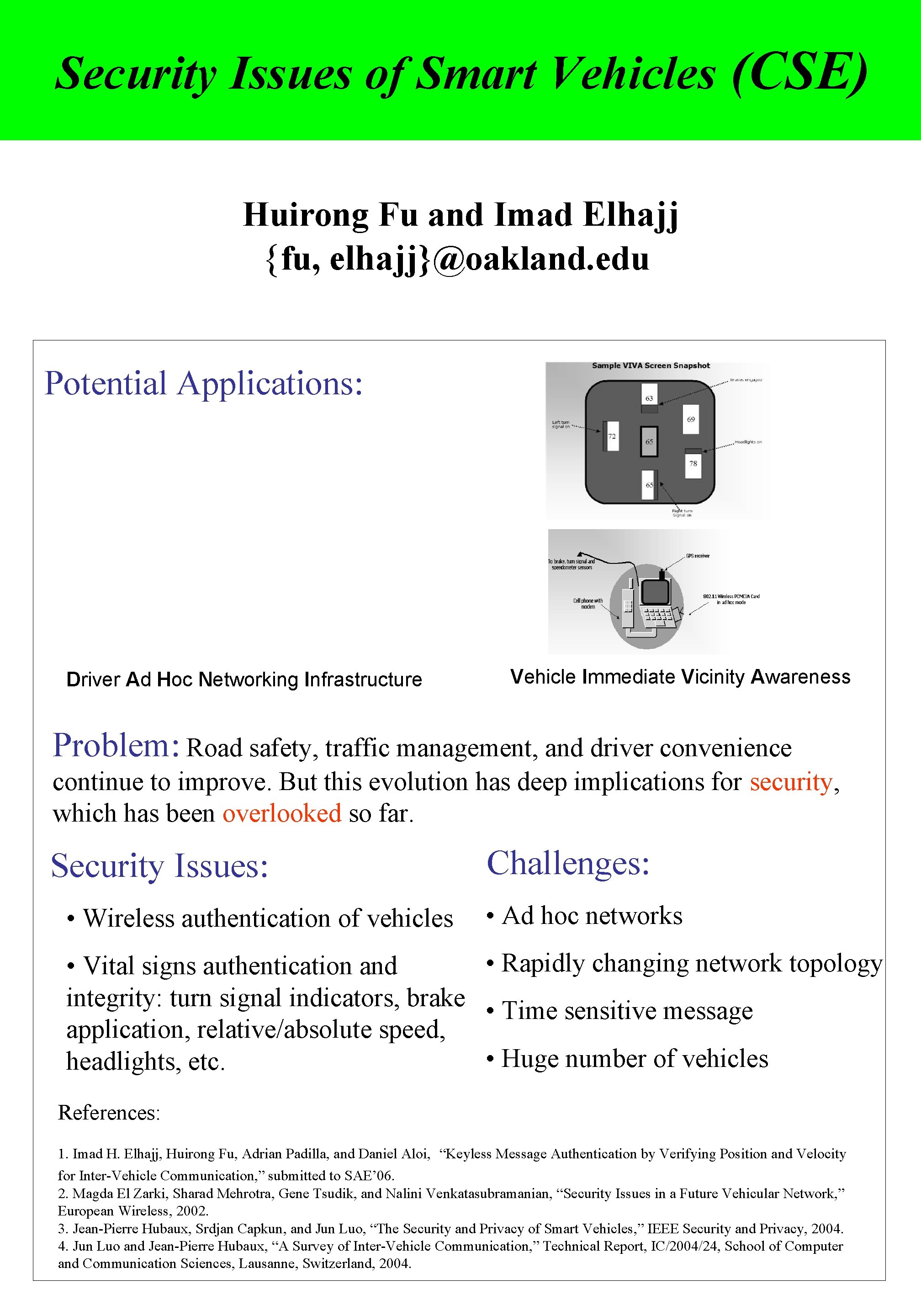 Security Issues of Smart Vehicles (CSE) Huirong Fu and Imad Elhajj {fu, elhajj}@oakland. edu