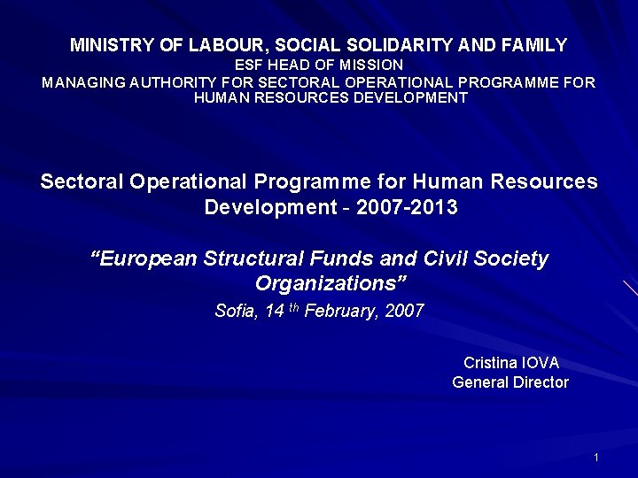 MINISTRY OF LABOUR, SOCIAL SOLIDARITY AND FAMILY ESF HEAD OF MISSION MANAGING AUTHORITY FOR