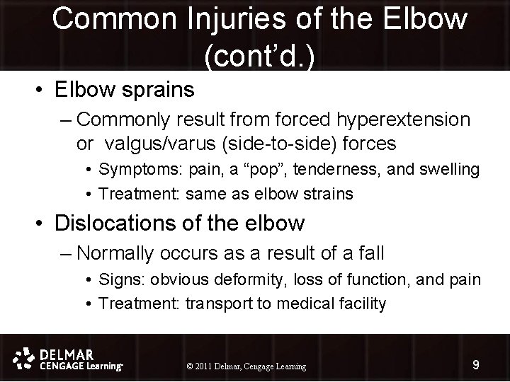 Common Injuries of the Elbow (cont’d. ) • Elbow sprains – Commonly result from