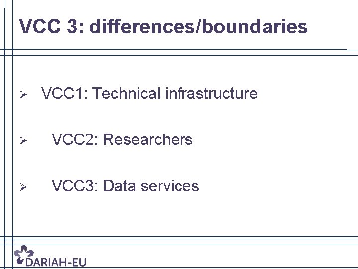 VCC 3: differences/boundaries Ø VCC 1: Technical infrastructure Ø VCC 2: Researchers Ø VCC