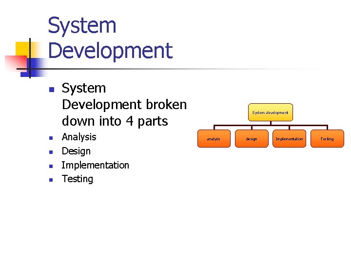 System Development n n n System Development broken down into 4 parts Analysis Design System Development n n n System Development broken down into 4 parts Analysis Design