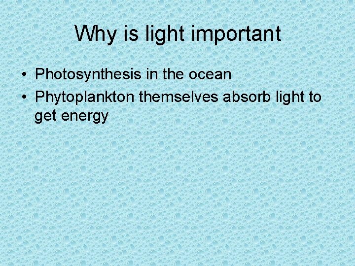 Why is light important • Photosynthesis in the ocean • Phytoplankton themselves absorb light