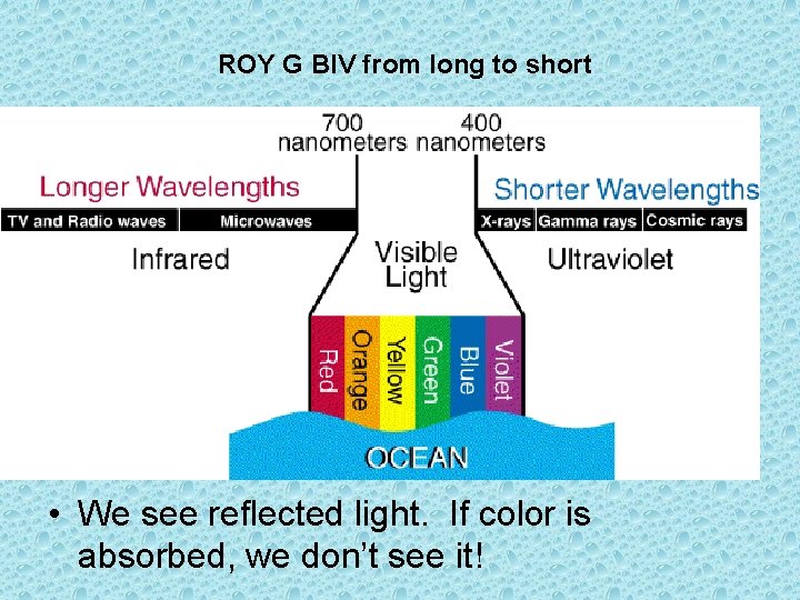 ROY G BIV from long to short • We see reflected light. If color