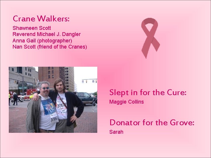 Crane Walkers: Shawneen Scott Reverend Michael J. Dangler Anna Gail (photographer) Nan Scott (friend
