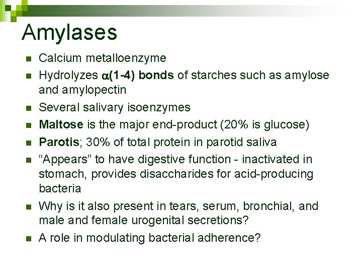 Amylases n n n n Calcium metalloenzyme Hydrolyzes (1 -4) bonds of starches such