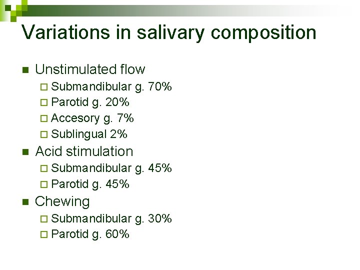 Variations in salivary composition n Unstimulated flow ¨ Submandibular g. 70% ¨ Parotid g.