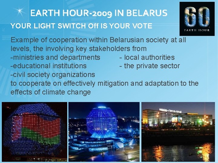 EARTH HOUR-2009 IN BELARUS YOUR LIGHT SWITCH Off IS YOUR VOTE Example of cooperation