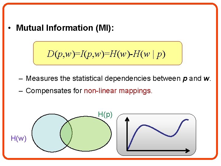  • Mutual Information (MI): D(p, w)=I(p, w)=H(w)-H(w | p) – Measures the statistical