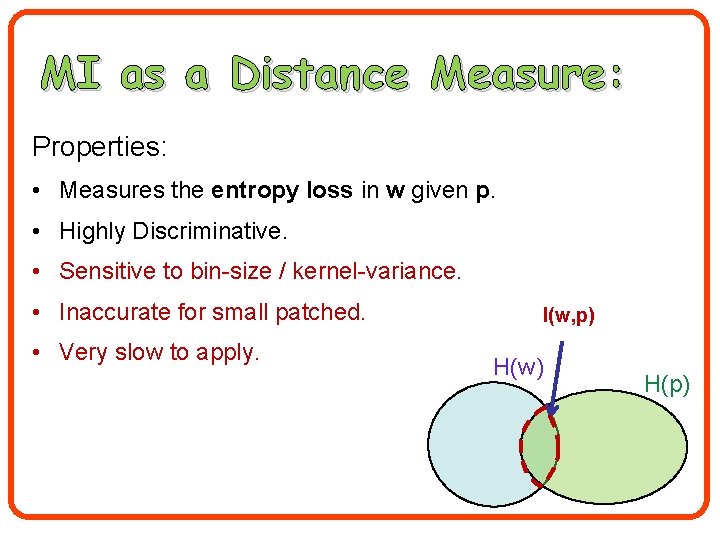MI as a Distance Measure: Properties: • Measures the entropy loss in w given