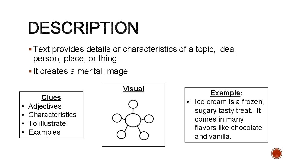 § Text provides details or characteristics of a topic, idea, person, place, or thing.