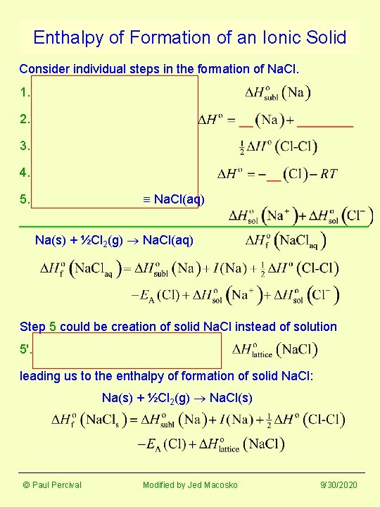 Enthalpy of Formation of an Ionic Solid Consider individual steps in the formation of