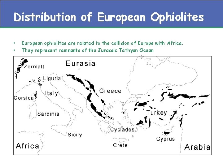 Distribution of European Ophiolites • • European ophiolites are related to the collision of