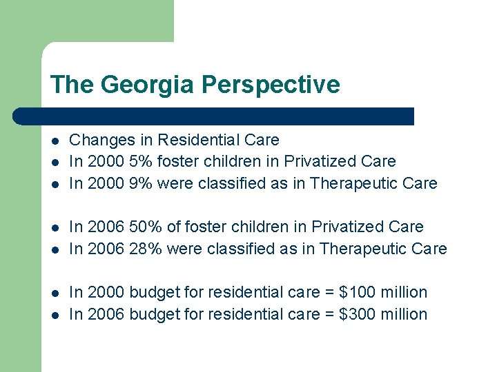 The Georgia Perspective l l l l Changes in Residential Care In 2000 5%