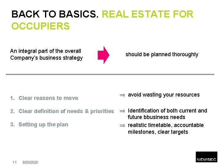BACK TO BASICS. REAL ESTATE FOR OCCUPIERS An integral part of the overall Company’s