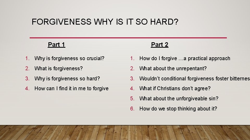 FORGIVENESS WHY IS IT SO HARD? Part 1 Part 2 1. Why is forgiveness