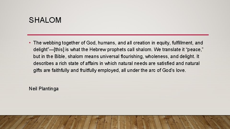 SHALOM • The webbing together of God, humans, and all creation in equity, fulfillment,