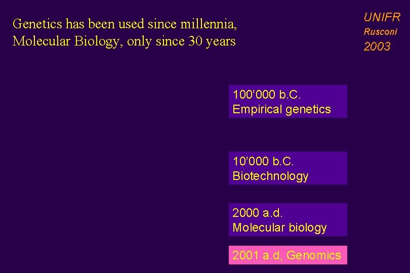 Genetics has been used since millennia, Molecular Biology, only since 30 years 100’ 000