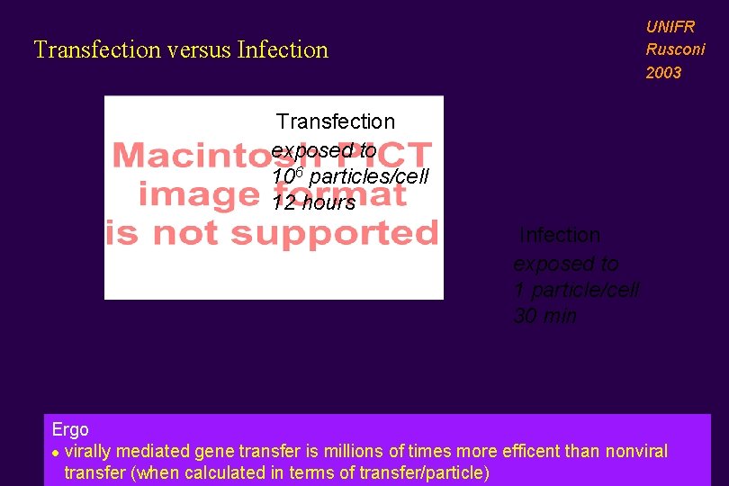 UNIFR Rusconi 2003 Transfection versus Infection Transfection exposed to 106 particles/cell 12 hours Infection