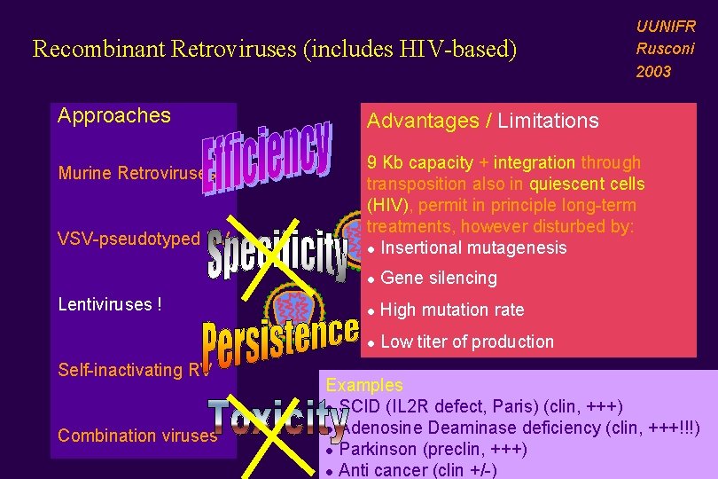 Recombinant Retroviruses (includes HIV-based) Approaches Murine Retroviruses VSV-pseudotyped RV Lentiviruses ! Self-inactivating RV Combination Recombinant Retroviruses (includes HIV-based) Approaches Murine Retroviruses VSV-pseudotyped RV Lentiviruses ! Self-inactivating RV Combination