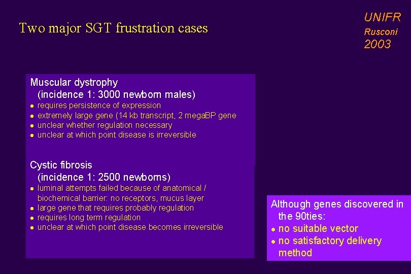 Two major SGT frustration cases UNIFR Rusconi 2003 Muscular dystrophy (incidence 1: 3000 newborn