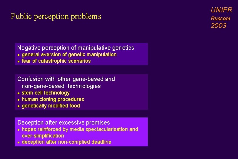 Public perception problems UNIFR Rusconi 2003 Negative perception of manipulative genetics l l general Public perception problems UNIFR Rusconi 2003 Negative perception of manipulative genetics l l general